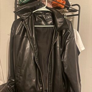 Zara Men's Black Faux Leather Bomber Jacket
